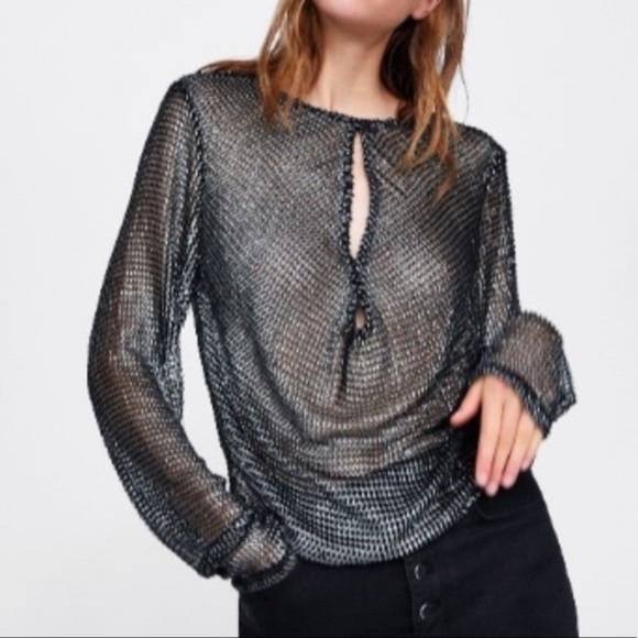 ZARA Metallic textured knit Long Sleeve Top M - Picture 1 of 13